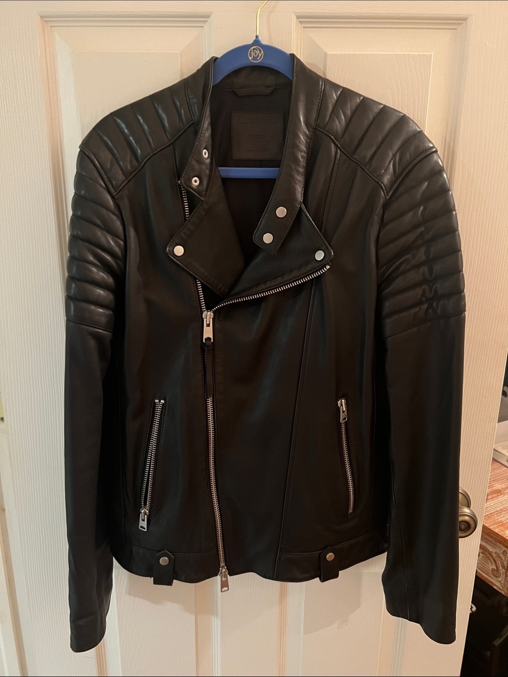 AllSaints Black Quilted-Shoulder Leather Biker Jacket